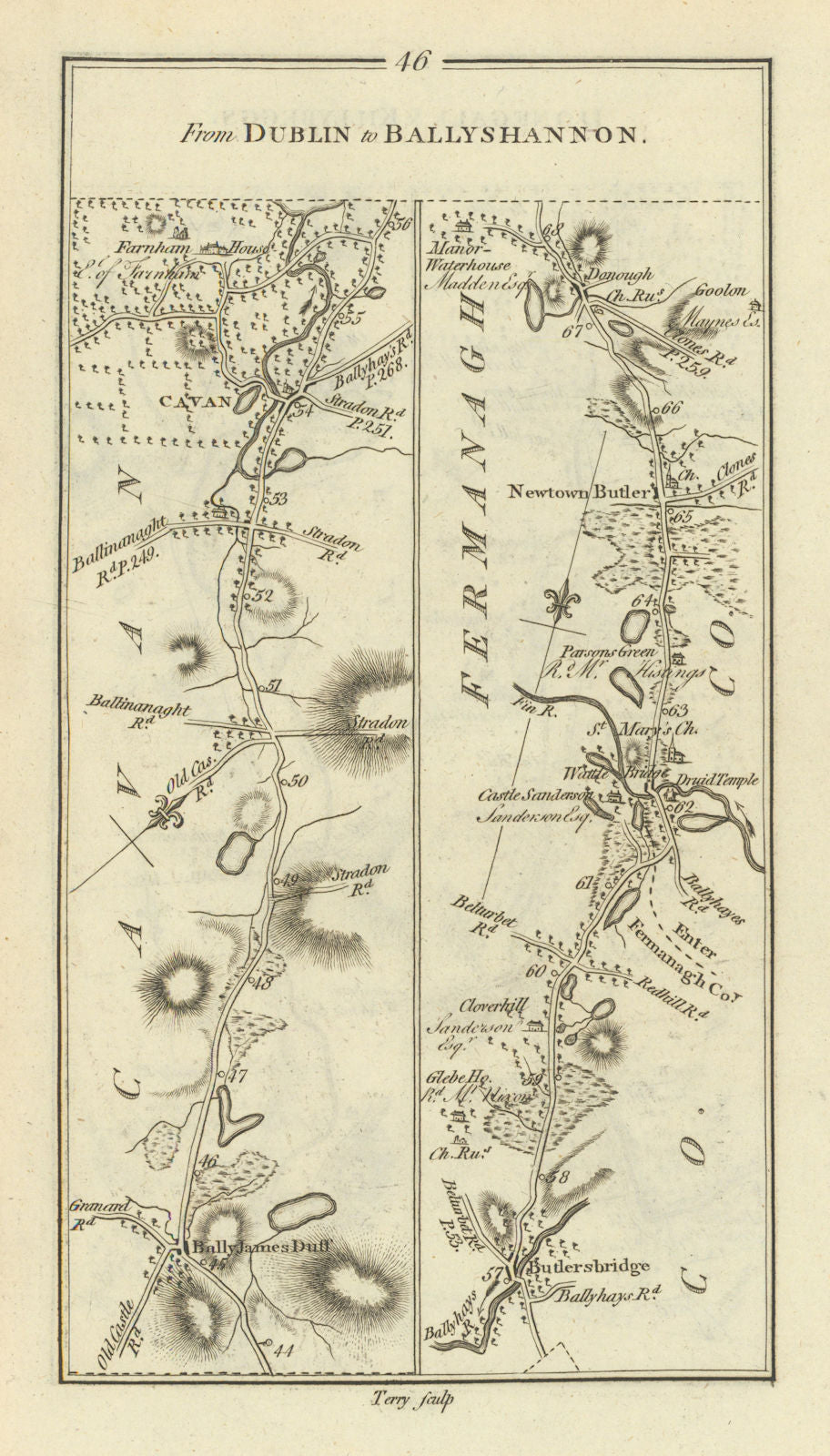 #46 Dublin to Ballyshannon. Ballyjamesduff Newtownbutler TAYLOR/SKINNER 1778 map